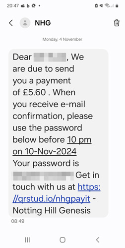 Example of a text message fron NatWest payit. It shows that you are due to receive a payment from NHG, tells you how much, and gives you a link to access the funds with a password.